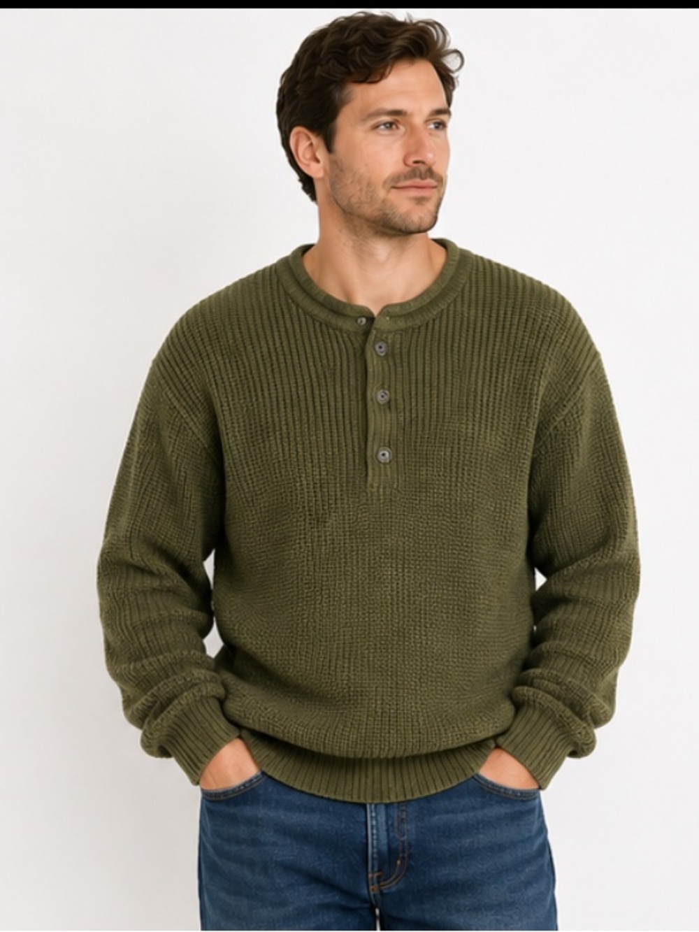 L.L. Bean Men's Olive Green Henley cotton Crewneck Sweater size xxL tall classi